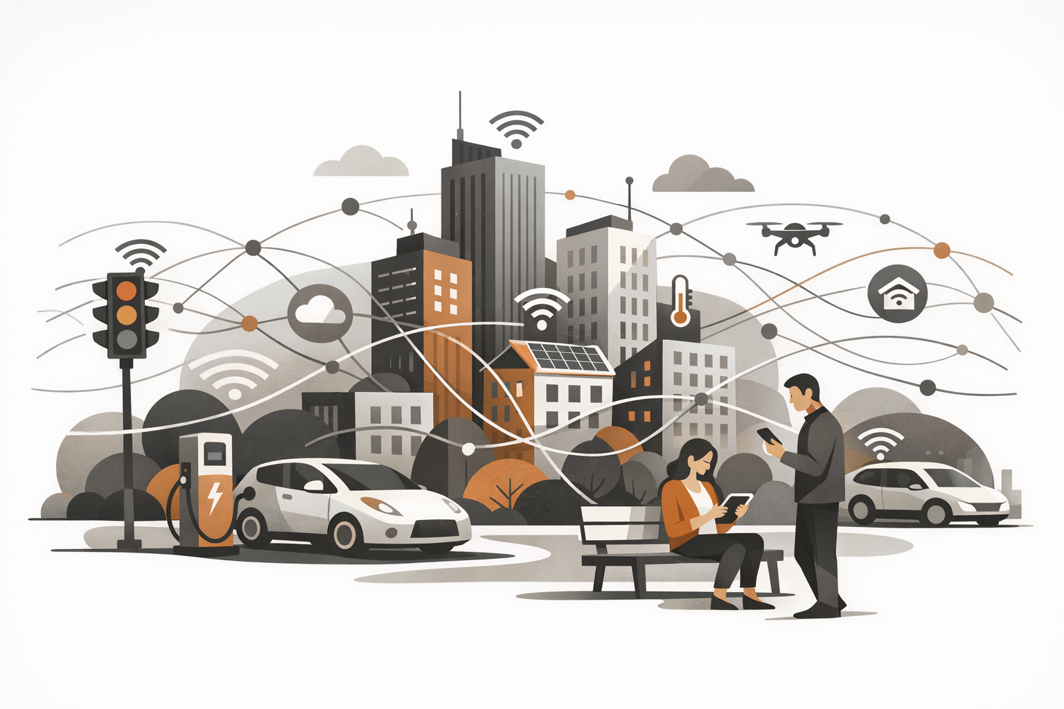 Smart city illustration showing connected infrastructure and IoT applications enabled by 5G